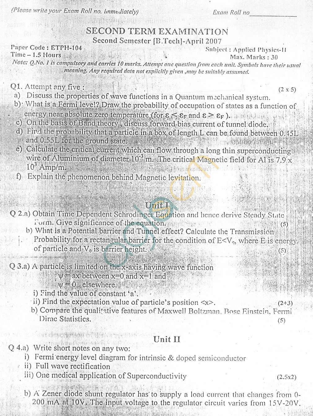 GGSIPU Question Papers Second Semester – Second Term 2007 – ETPH-104