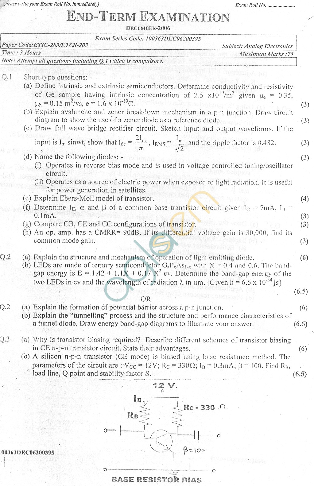 GGSIPU Question Papers Third Semester  End Term 2006  ETIC-203