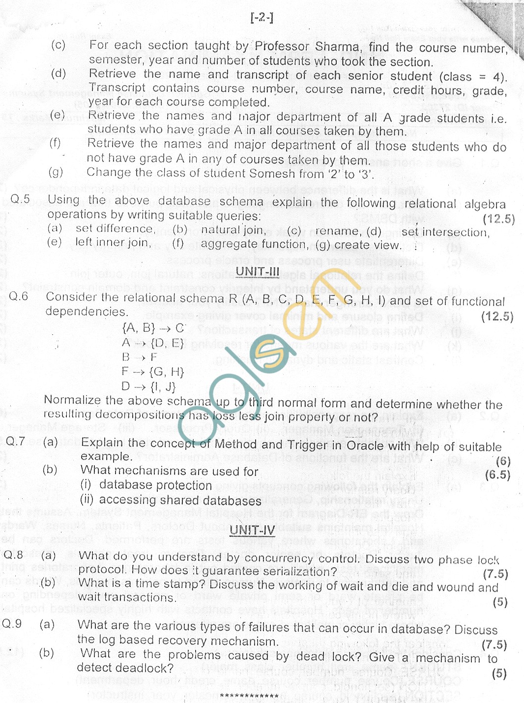GGSIPU Question Papers Fifth Semester  end Term 2007  ETCS-309
