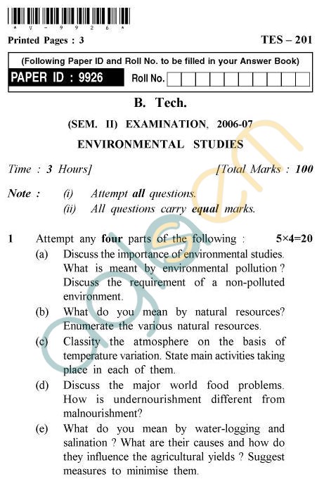 UPTU B.Tech Question Papers - TES-201 - Environmental Studies