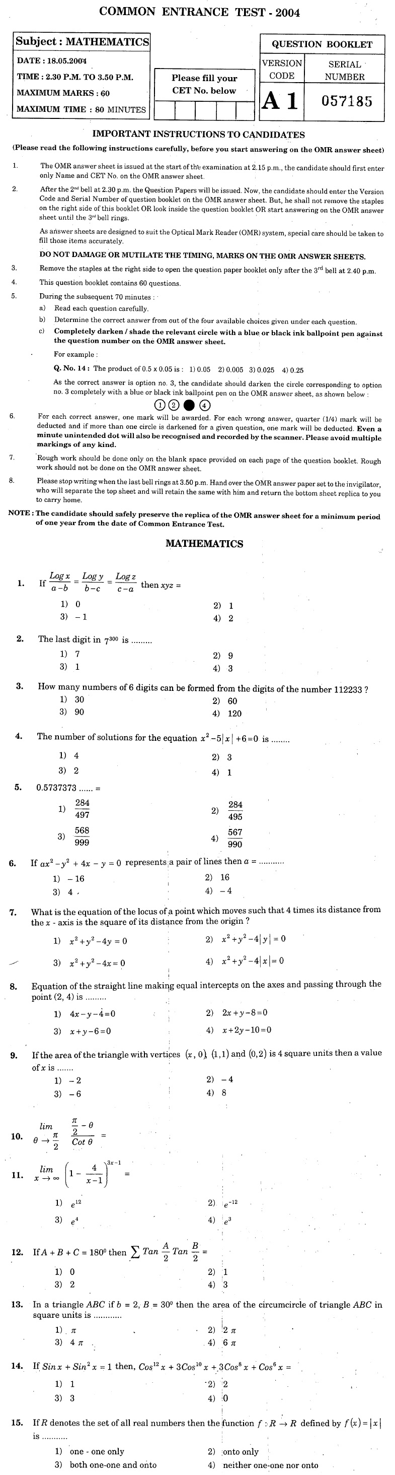 KCET 2004 Question Paper - Maths