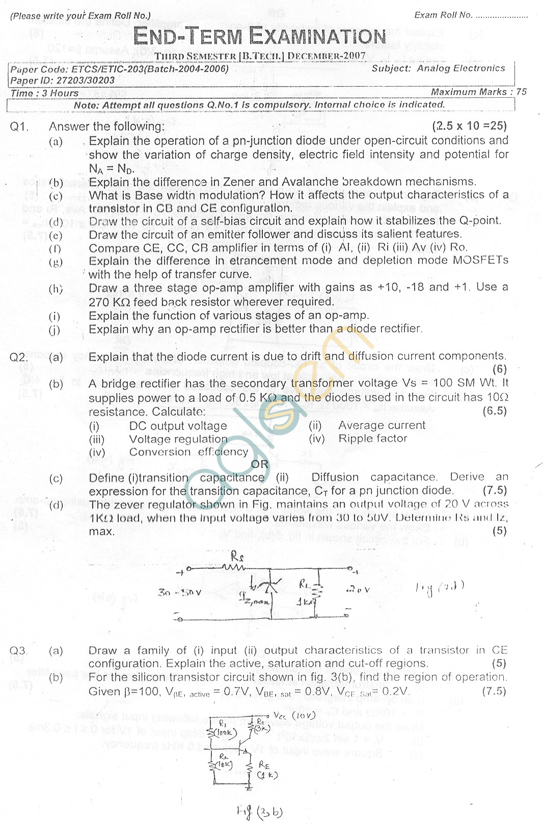 GGSIPU Question Papers Third Semester  End Term 2007  ETIC-203