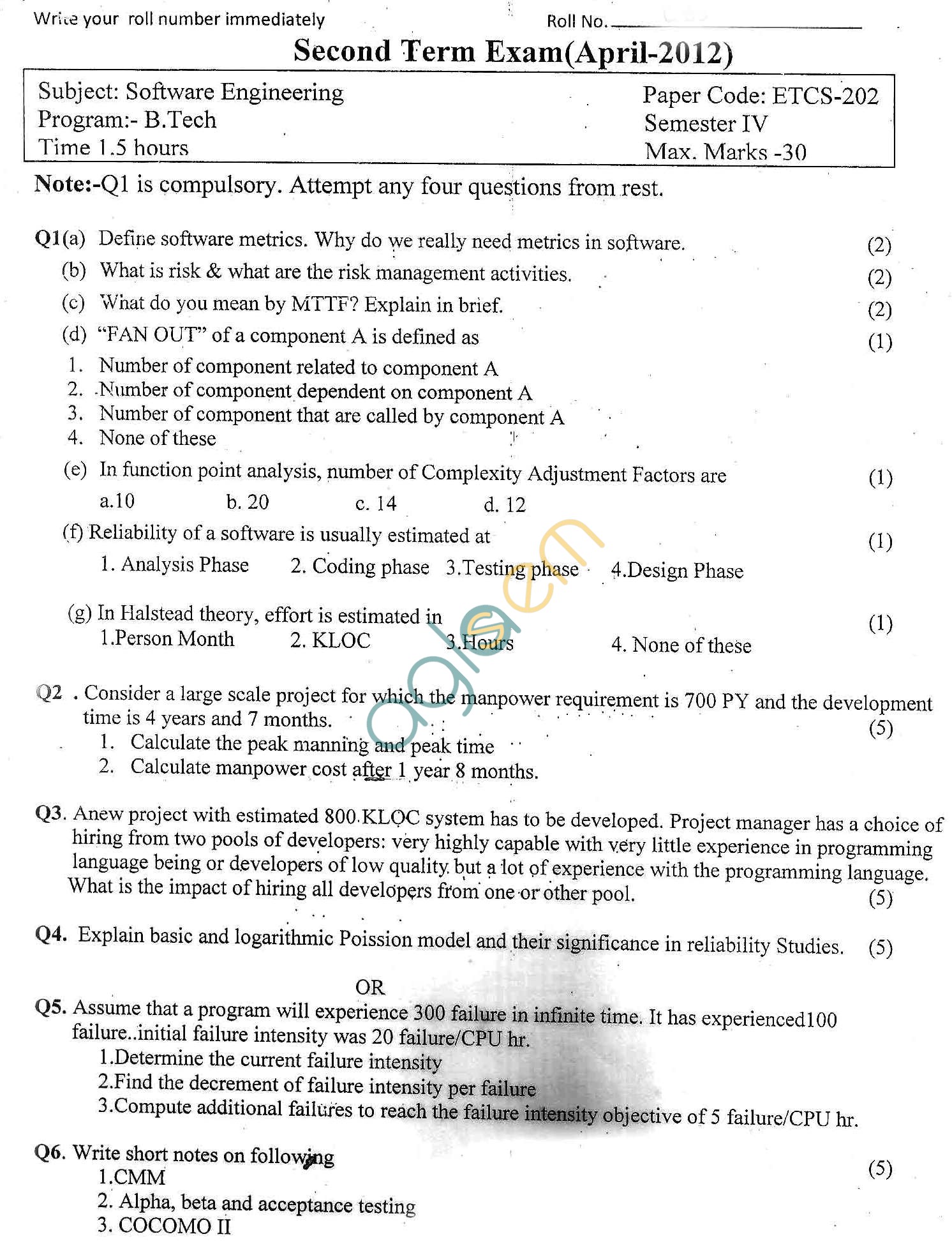 GGSIPU Question Papers Fourth Semester  Second Term 2012  ETCS-202