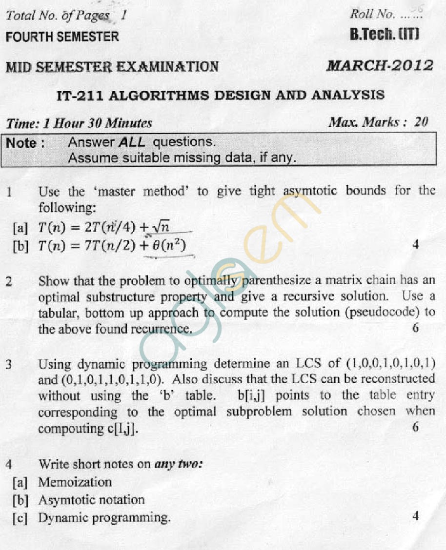 DTU: Question Papers 2012 - 4 Semester - Mid Sem - IT-211