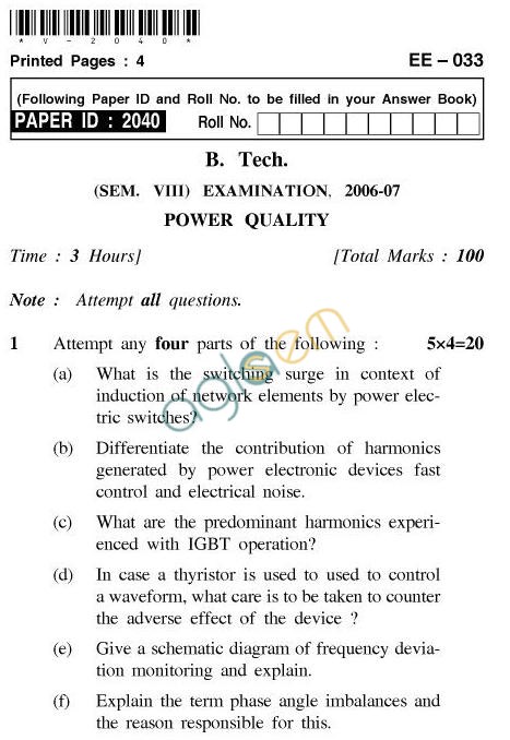 UPTU B.Tech Question Papers - EE-033-Power Quality
