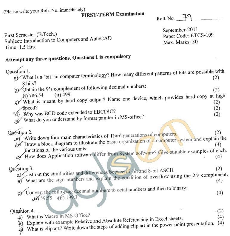 GGSIPU: Question Papers First Semester - First Term 2011 - ETCS-109