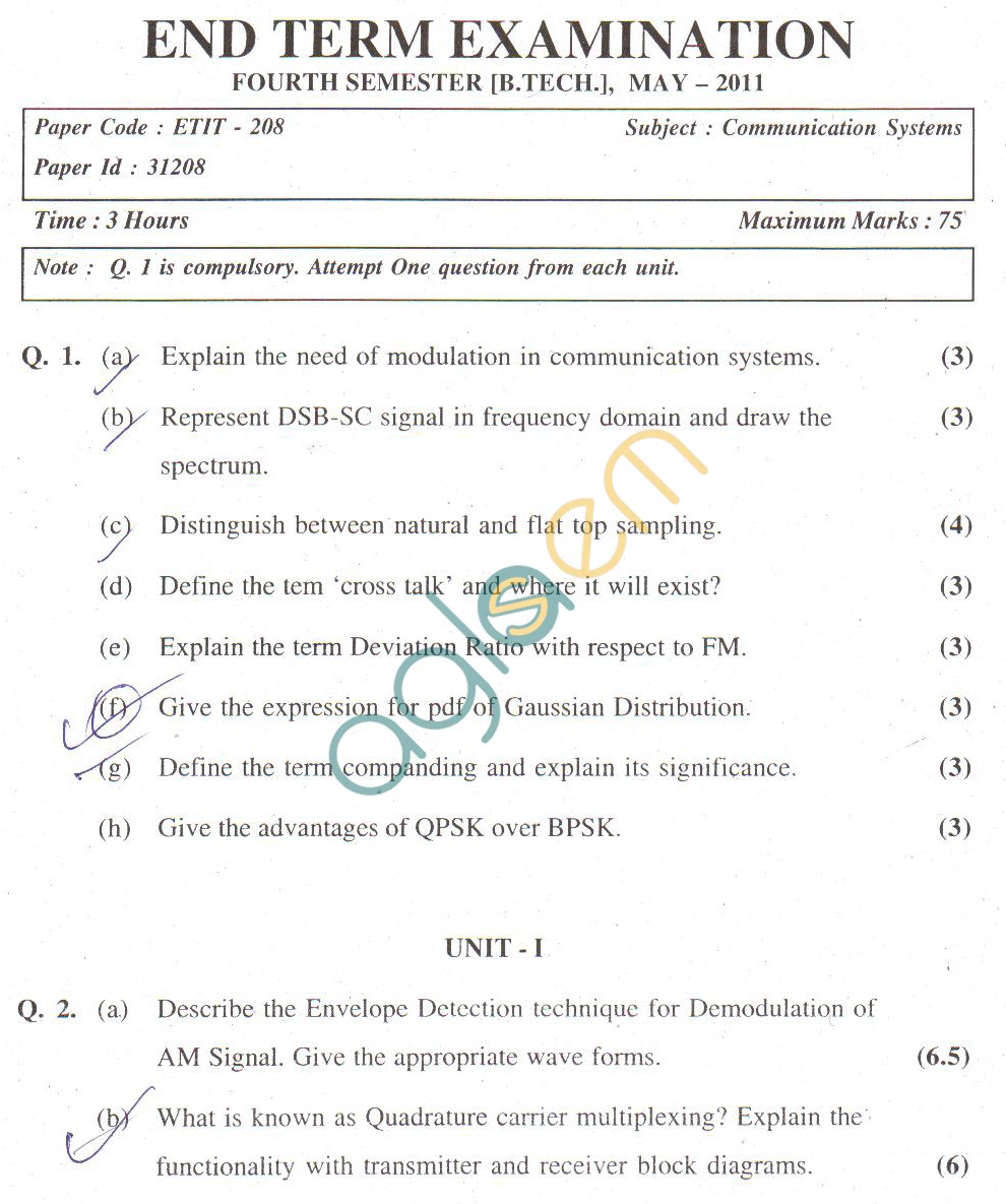 GGSIPU Question Papers Fourth Semester – End Term 2011 – ETIT-208