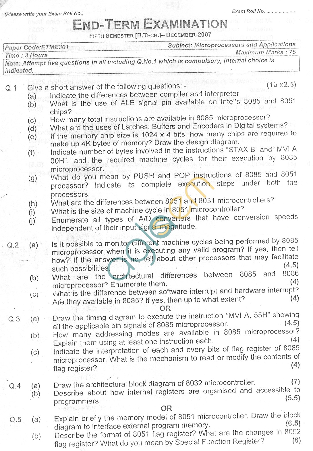 GGSIPU Question Papers Fifth Semester  end Term 2007  ETME-301