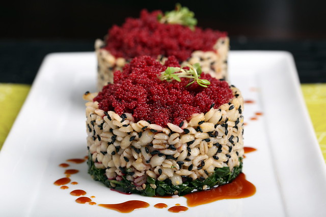 Kale, Pearled Barley and Faux Roe Stack with Sweet Soy Glaze