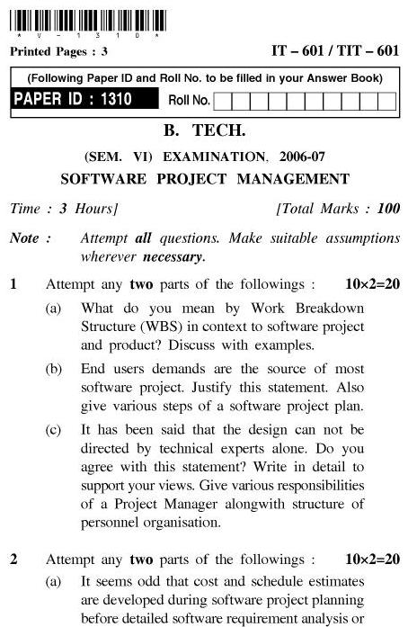 UPTU B.Tech Question Papers - IT-601/TIT-601-Software Project Management