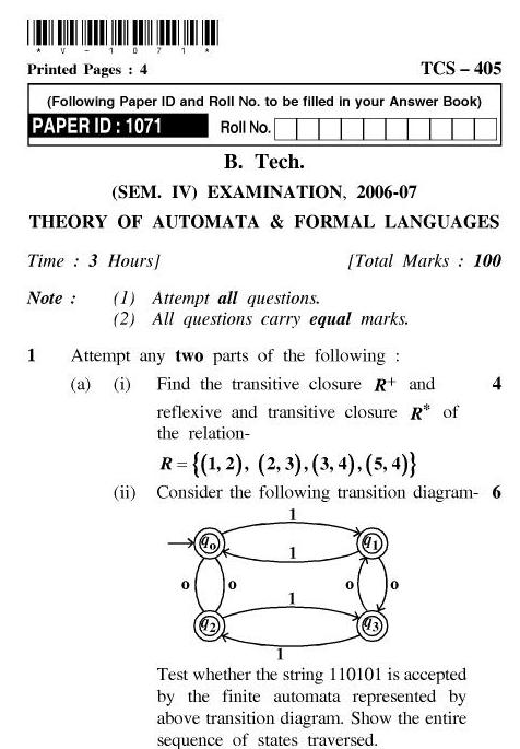 UPTU B.Tech Question Papers - TCS-405-Theory of Automata and Formal Languages