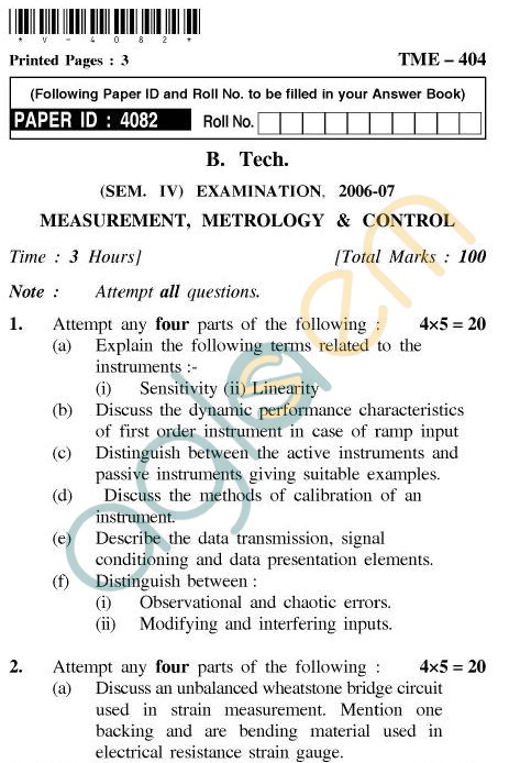 UPTU B.Tech Question Papers - TME-404 - Measurement, Metrology & Control