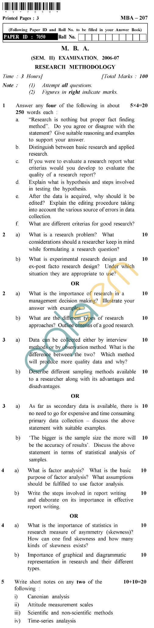 UPTU MBA Question Papers - MBA-207-Research Methodology