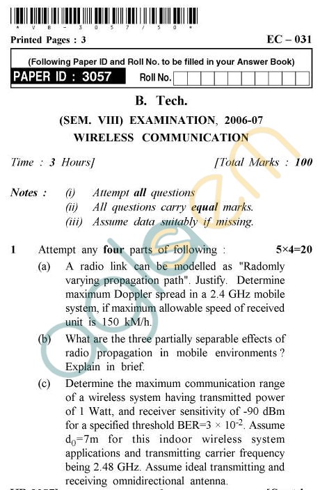 UPTU B.Tech Question Papers - EC-031 - Wireless Communication
