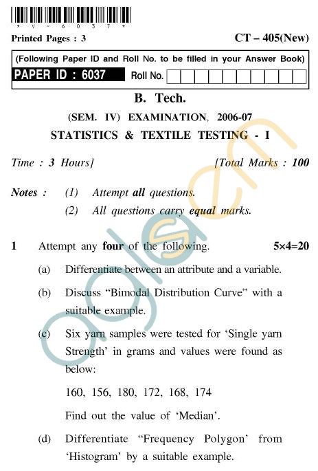 UPTU B.Tech Question Papers - CT-405(N) - Statistics & Textile Testing-I