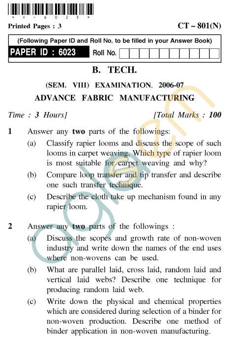 UPTU B.Tech Question Papers - CT-801(N) - Advance Fabric Manufacturing