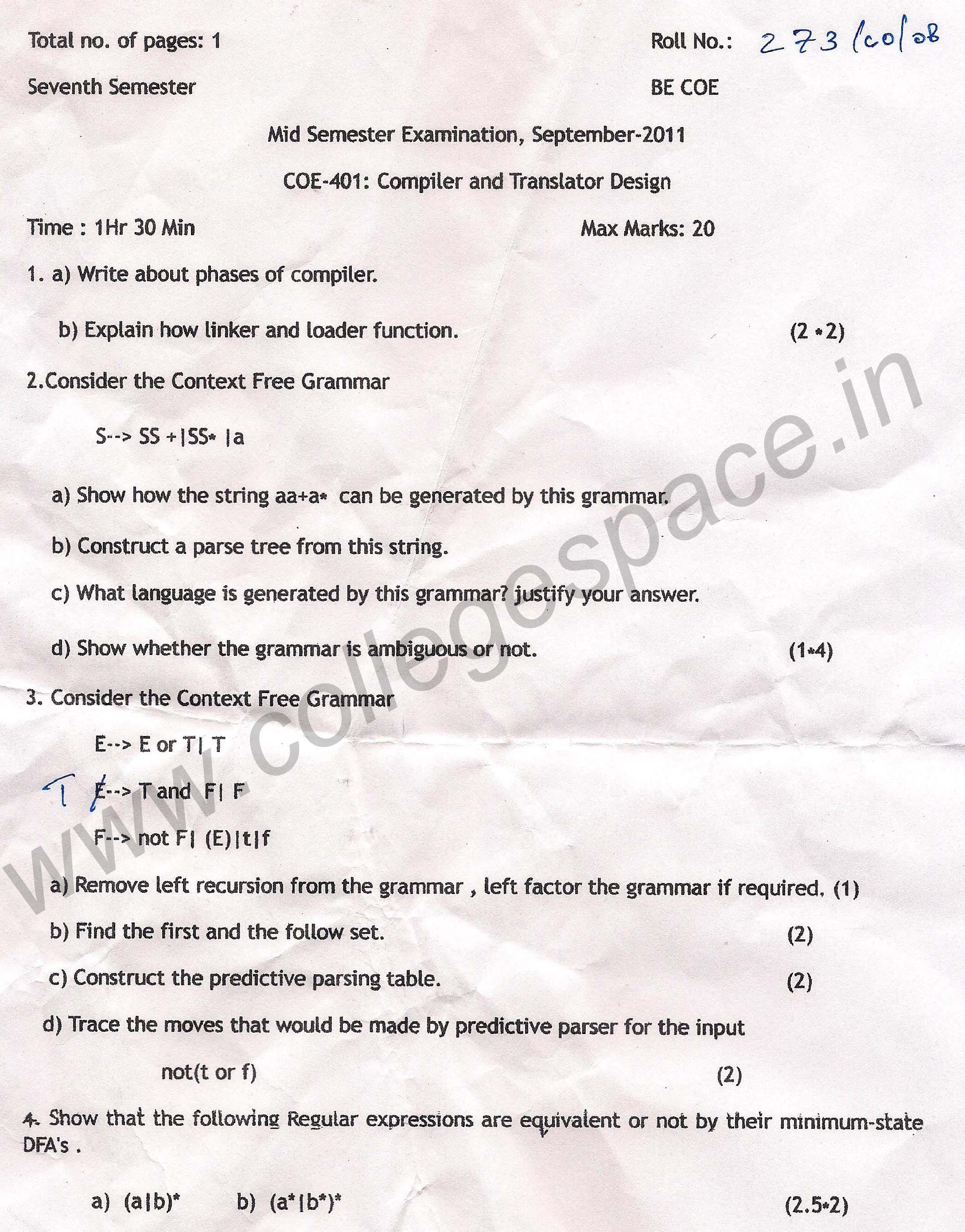 NSIT Question Papers 2011 – 7 Semester - Mid Sem - COE-401