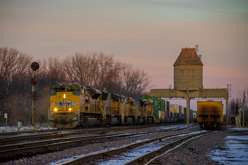 railroad winter sunset sky snow train illinois nelson stack il unionpacific locomotive coalingtower emd intermodal doublestack sd70ace nikond600 genevasub nikon70300mmf4556vr