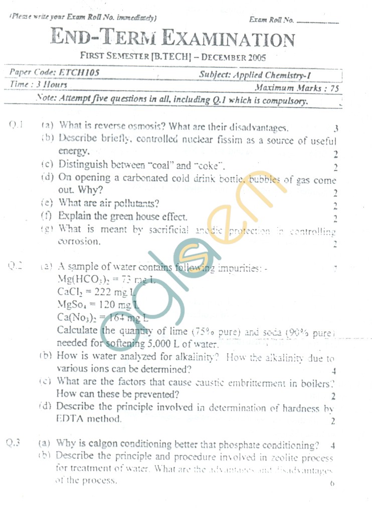 GGSIPU: Question Papers First Semester  Third Term 2005  ETCH-105