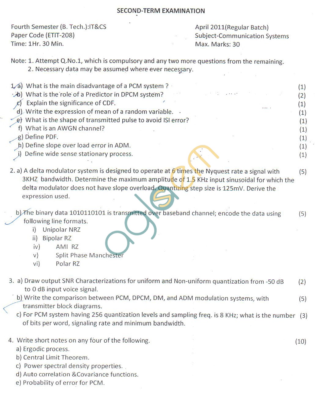 GGSIPU Question Papers Fourth Semester  Second Term 2011  ETIT-208