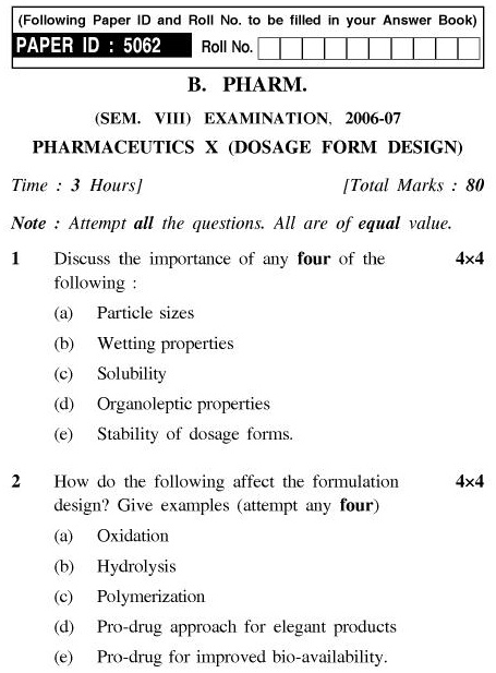 UPTU B.Pharm Question Papers PH-481 - Pharmaceutics X (Dosage Form Design)