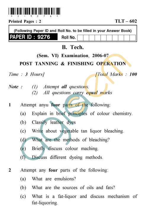 AKTU B.Tech Question Paper - TLT-602 - Post Tanning & Finishing Operations