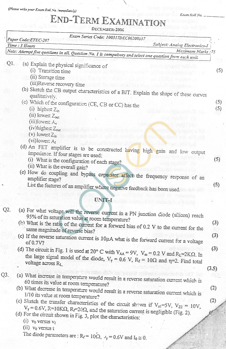 GGSIPU Question Papers Third Semester – End Term 2006 – ETEC-207
