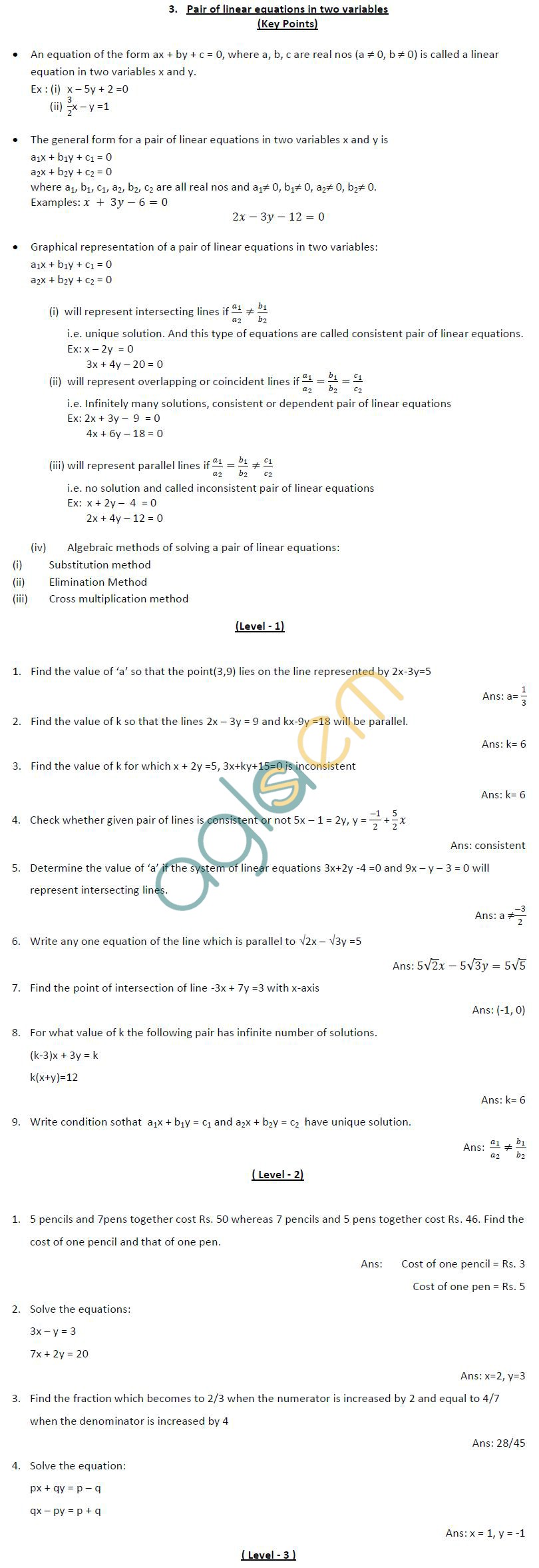 CBSE Class X: Maths - A pair of linear equations in two variables