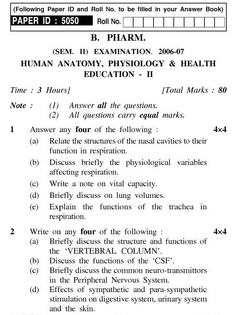 UPTU B.Pharm Question Papers PH-123 - Human Anatomy, Physiology & Health Education-II