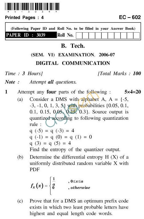 UPTU B.Tech Question Papers - EC-602-Digital Communication