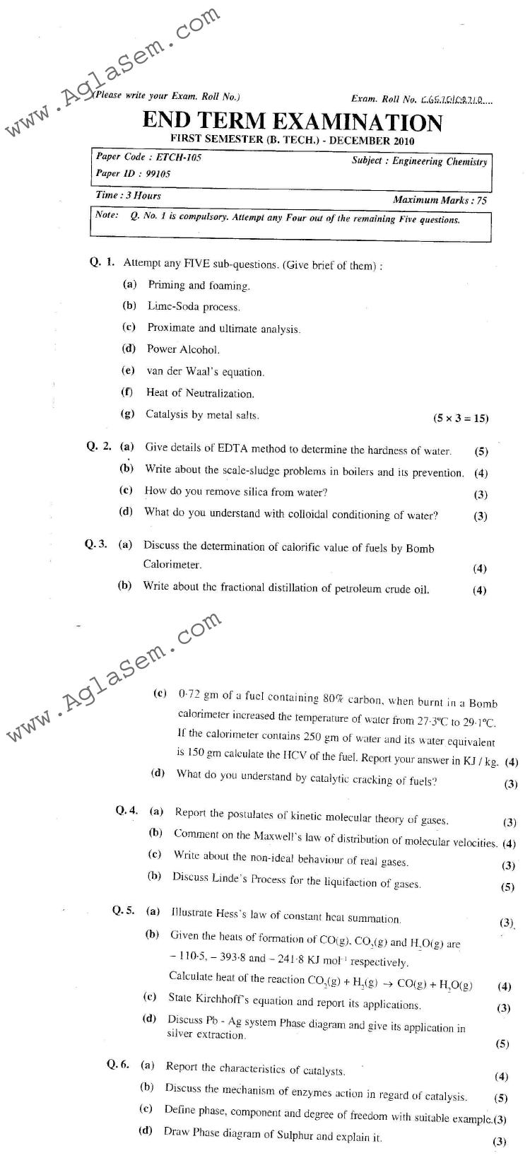 GGSIPU: Question Papers First Semester – End Term 2010 – ETCH-105