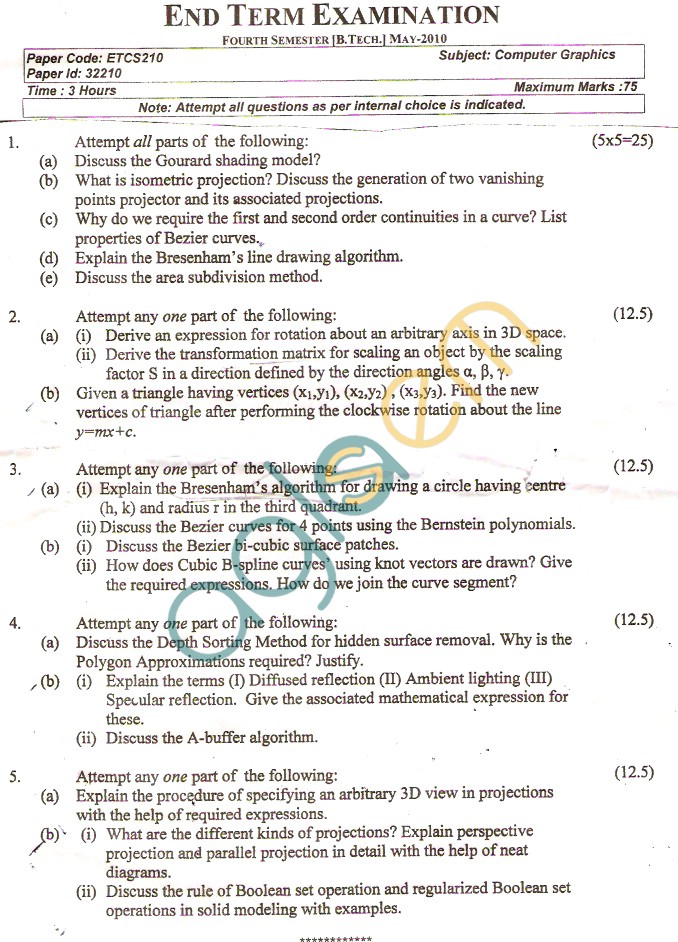 GGSIPU Question Papers Fourth Semester – End Term 2010 – ETCS-210