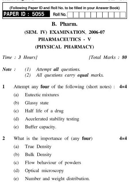 UPTU B.Pharm Question Papers PH-244 - Pharmaceutics-V (Physical Pharmacy)