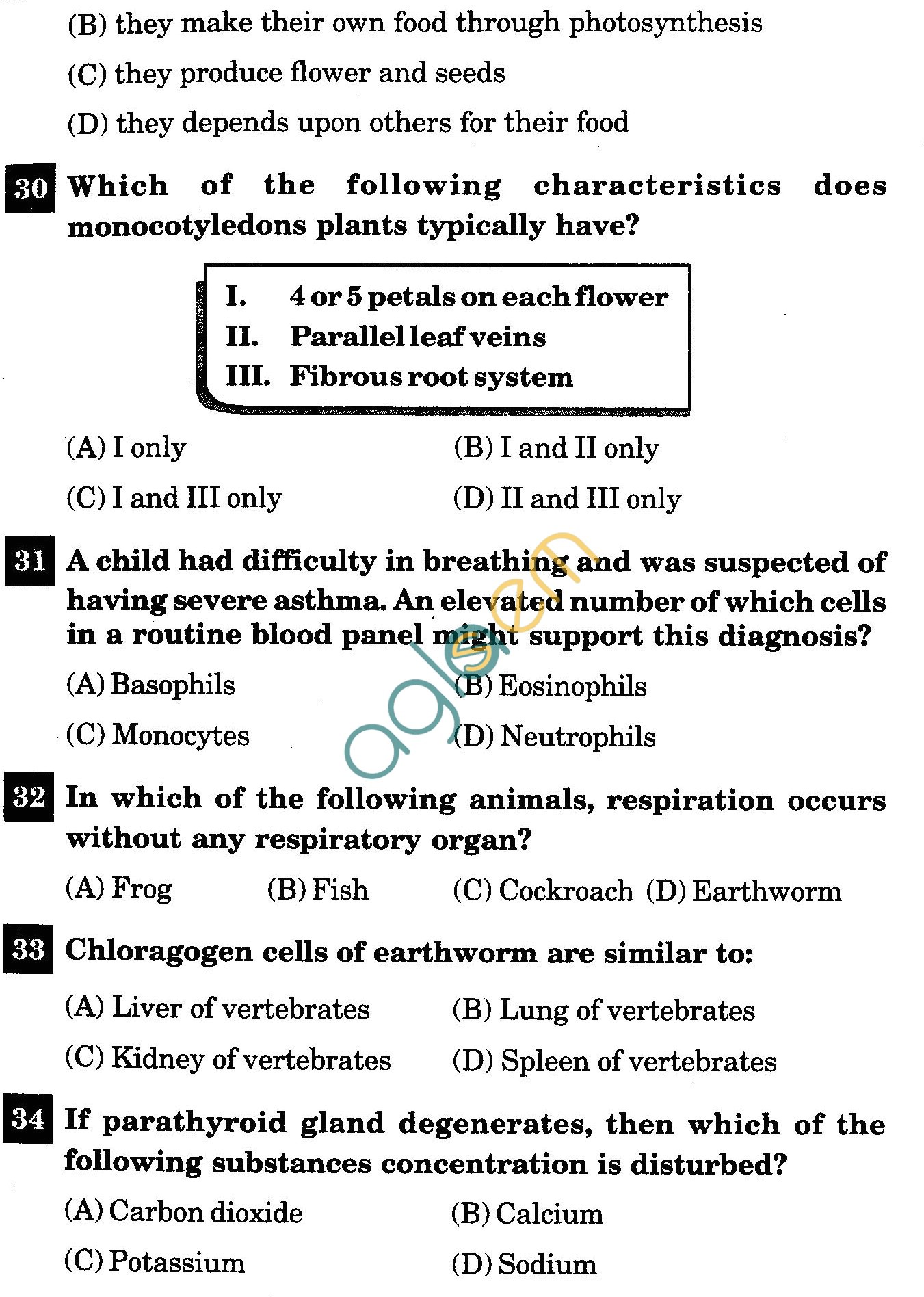 NSTSE 2011 Class XI PCB Question Paper with Answers - Biology