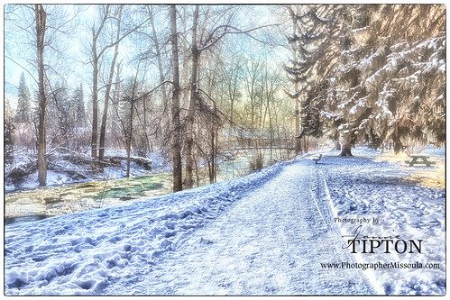park winter snow bench stream path calm pines hdr