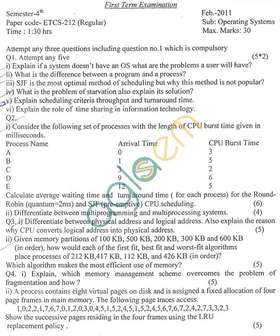GGSIPU Question Papers Fourth Semester  First Term 2011  ETCS-212