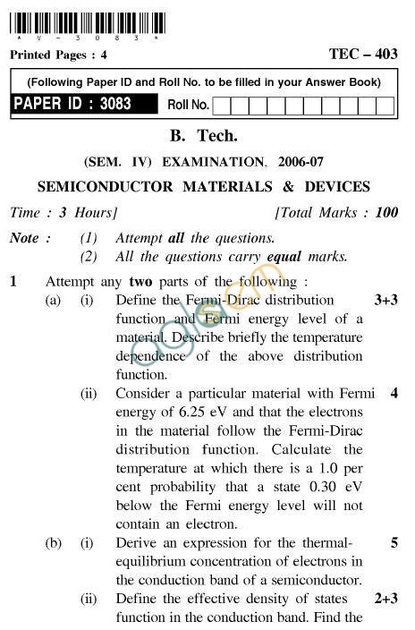 UPTU B.Tech Question Papers - TEC-403-Semiconductor Materials and Devices
