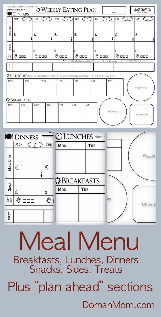 Free Weekly Menu Planning Form that includes breakfasts, lunches, dinners, side dishes, treats, and snacks. Plus spaces for planning ahead steps to dinner prep.