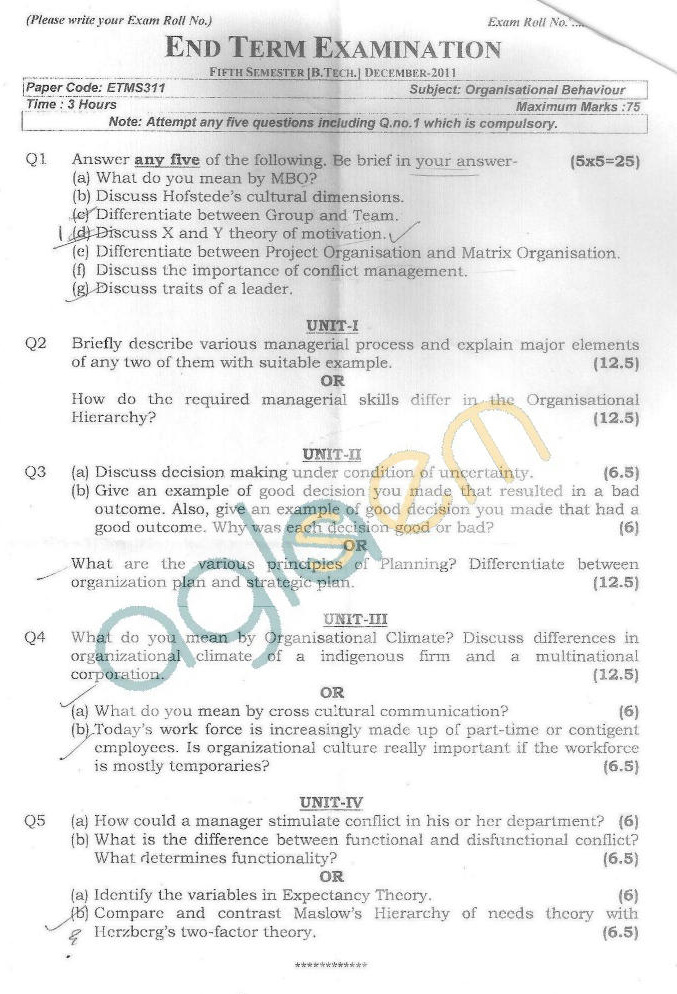 GGSIPU Question Papers Fifth Semester – end Term 2011 – ETMS-311