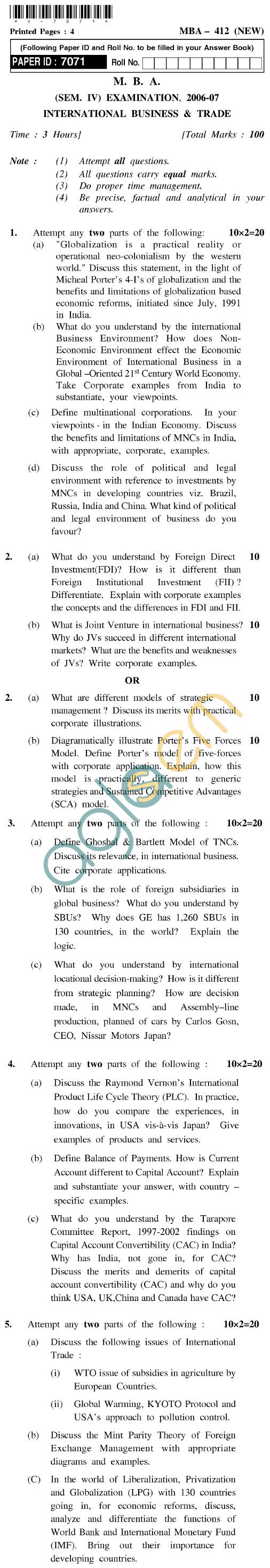 UPTU MBA Question Papers - MBA-412 (New)-International Business and Trade