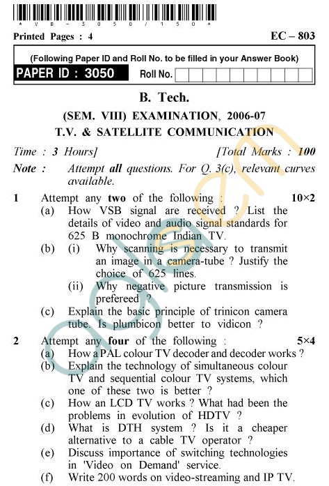 UPTU B.Tech Question Papers - EC-803 - T.V. & Satellite Communication