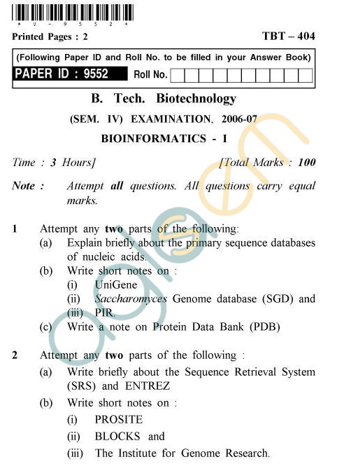 UPTU B.Tech Question Papers - TBT-404 - Bioinformatics-I