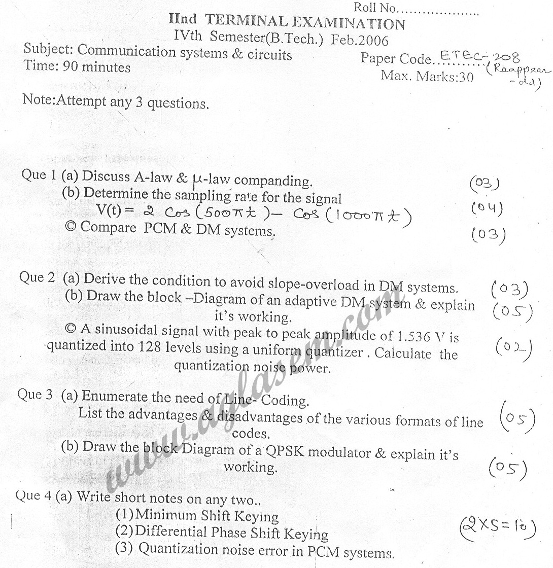 GGSIPU Question Papers Fourth Semester  Second Term 2006  ETEC-208