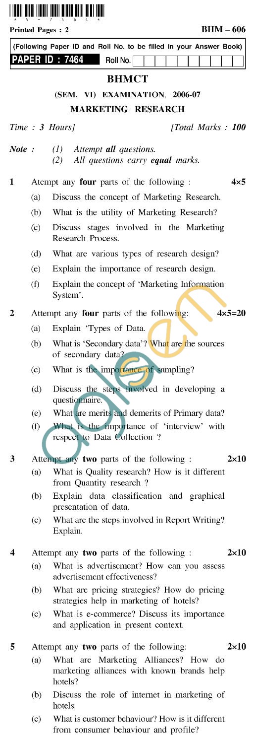 UPTU BHMCT Question Papers -BHM-606-Marketing Research