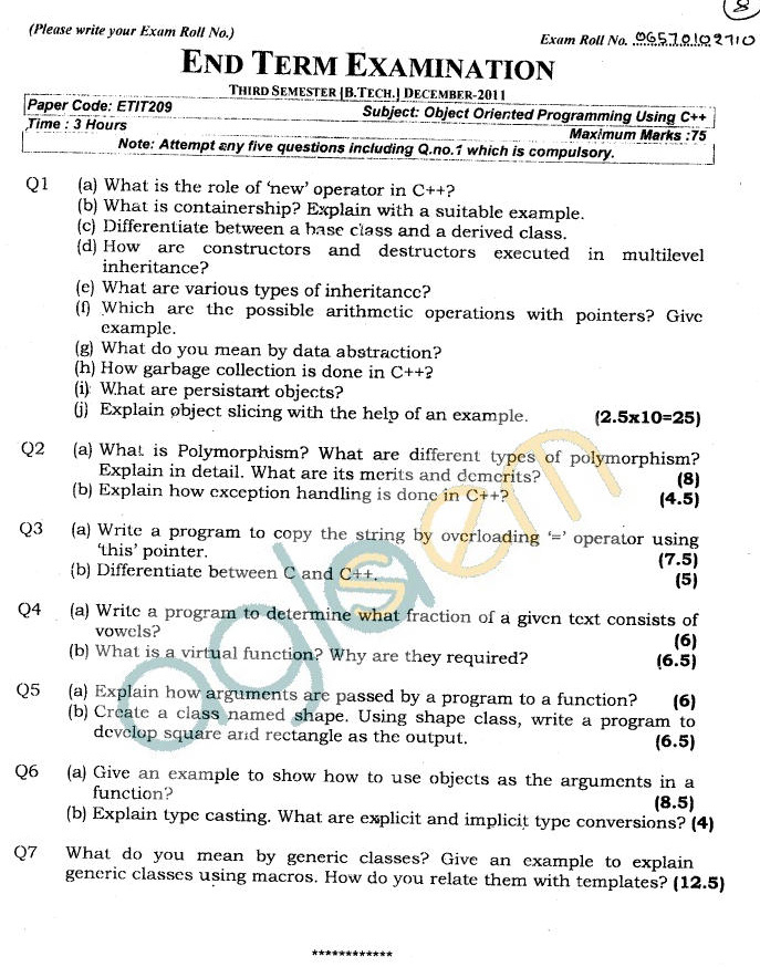 GGSIPU Question Papers Third Semester  end Term 2011  ETIT-209