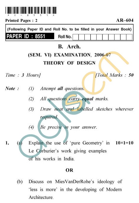 UPTU: B.Arch Question Papers