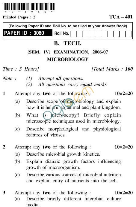 UPTU B.Tech Question Papers - TCA-401-Microbiology