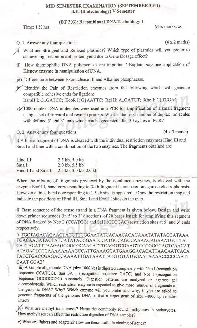 NSIT Question Papers 2011 – 5 Semester - Mid Sem - BT-303