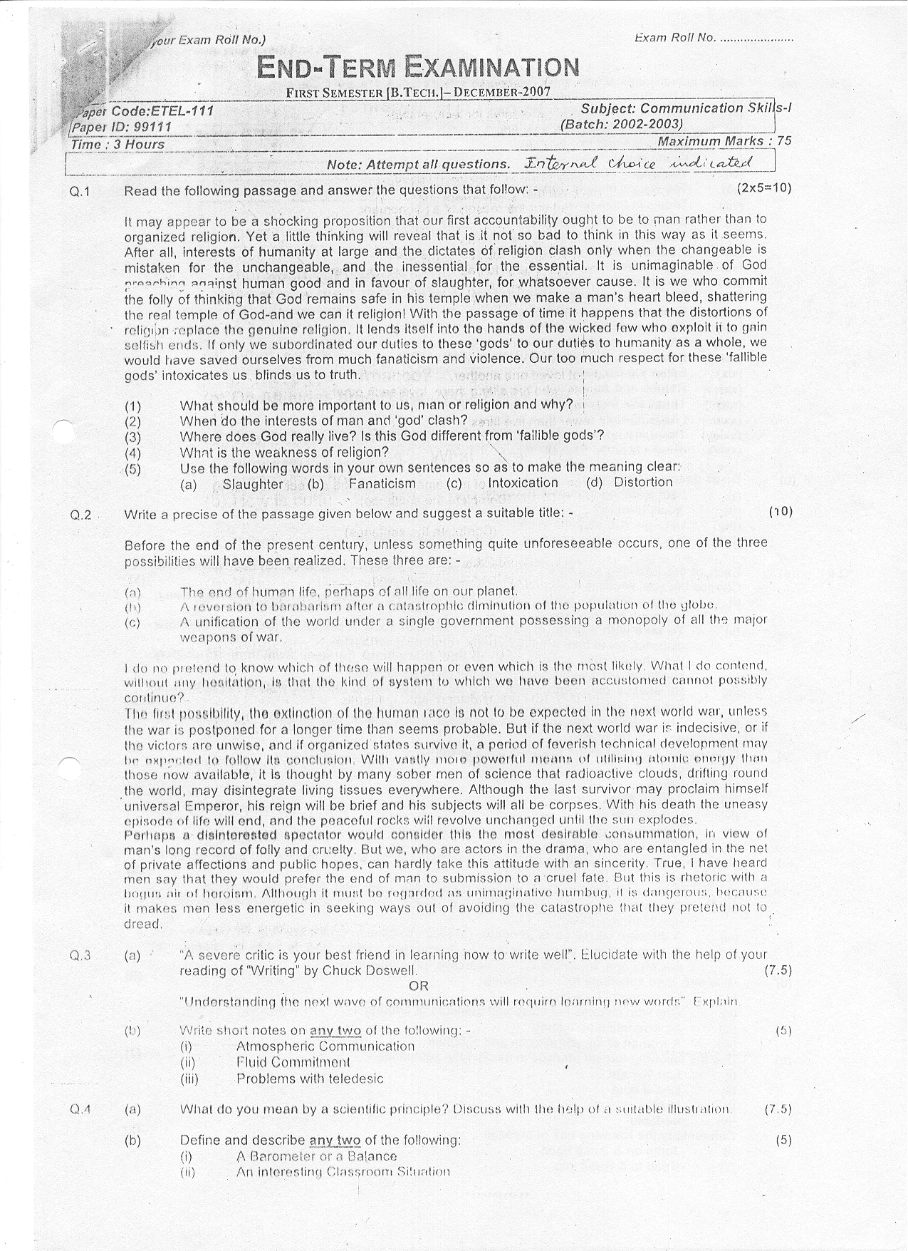 GGSIPU: Question Papers First Semester  end Term 2007  ETEL-111