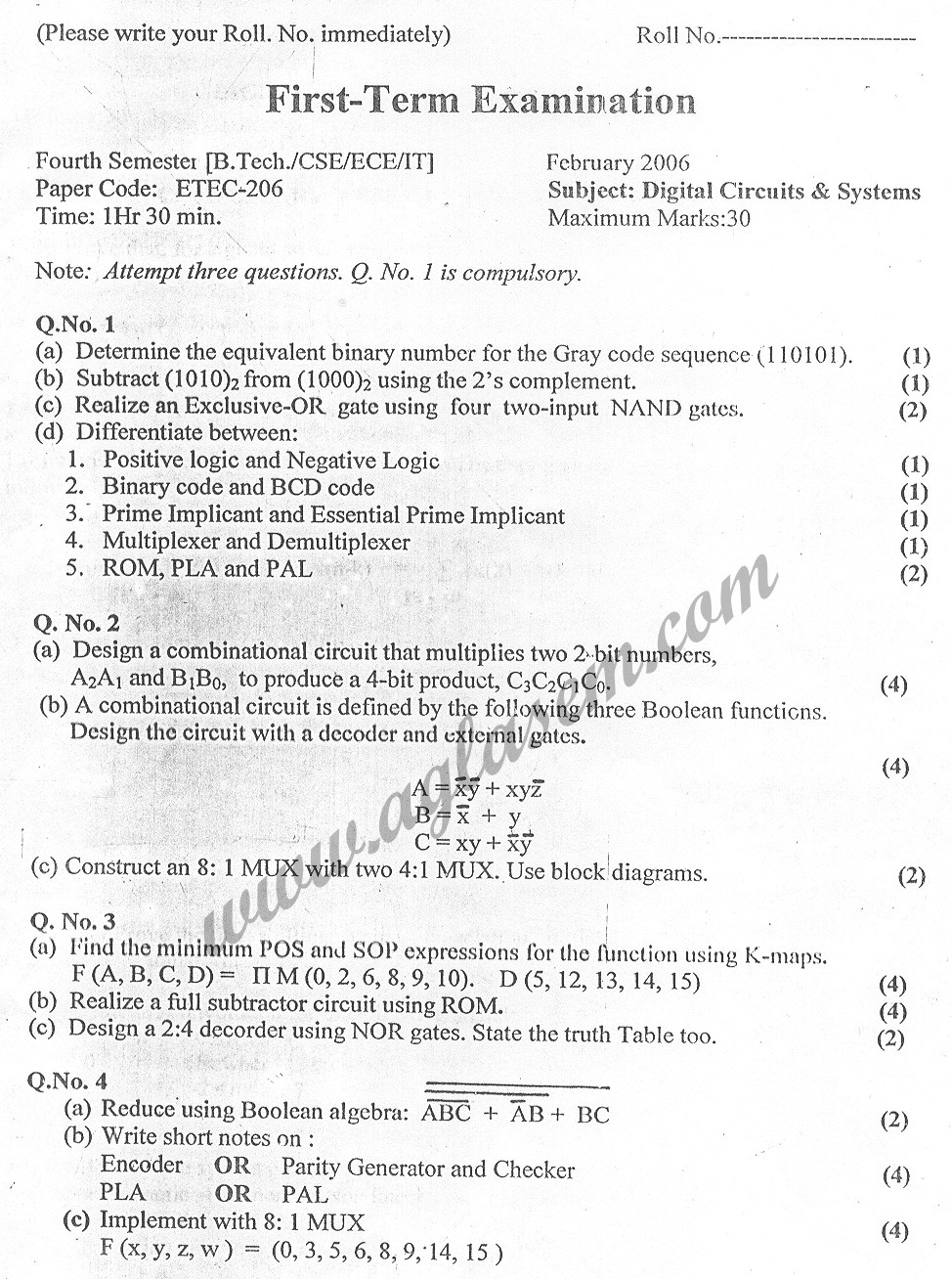 GGSIPU Question Papers Fourth Semester  First Term 2006  ETEC-206
